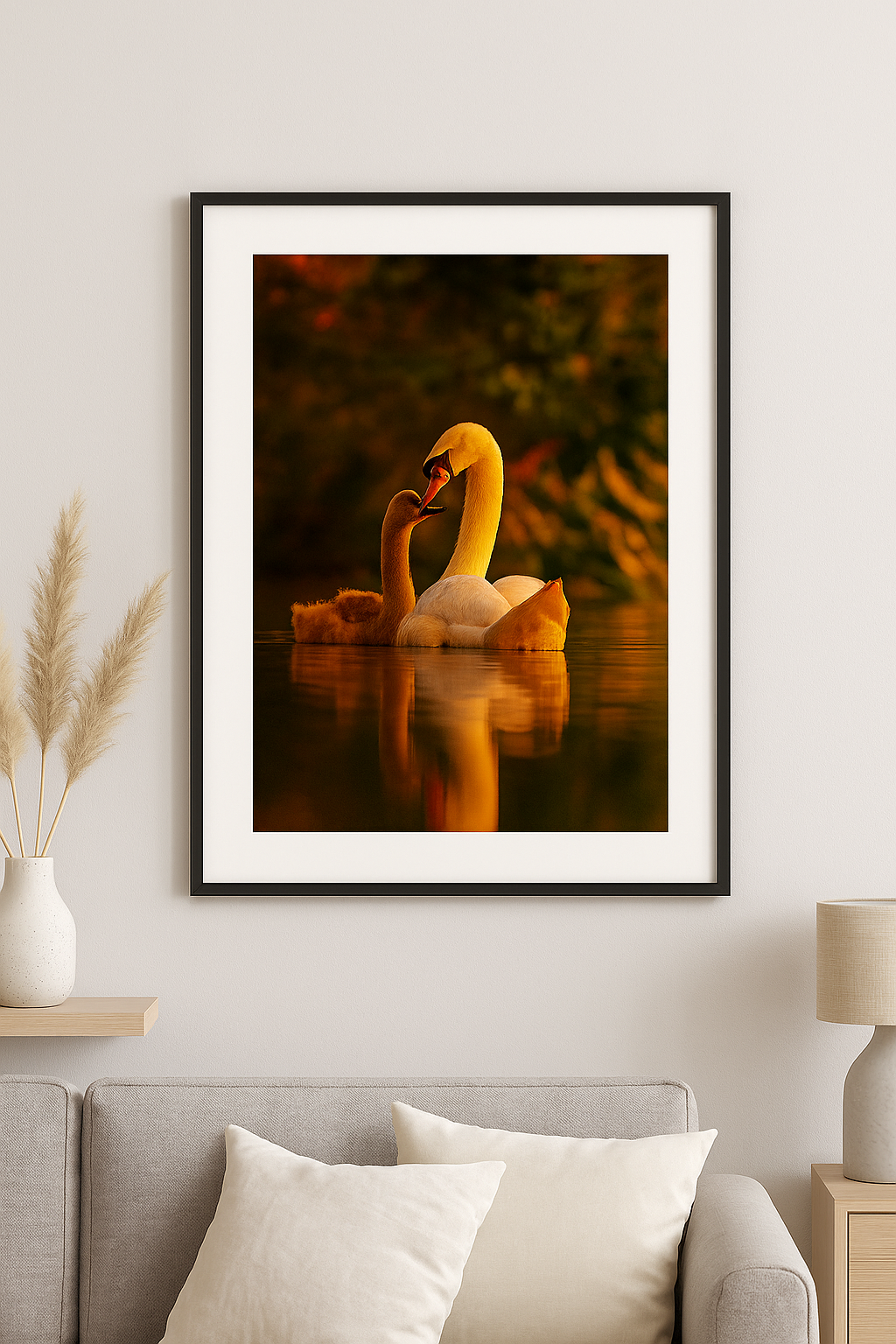 Grace & Gold – Swan and Cygnet at Sunset | Digital Wall Art Download (High-Res 300dpi)