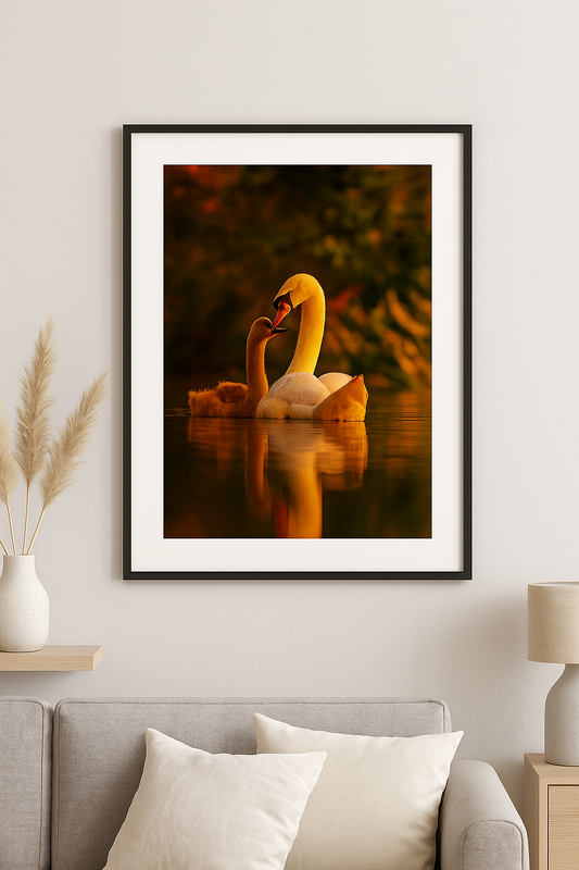 Grace & Gold – Swan and Cygnet at Sunset | Digital Wall Art Download (High-Res 300dpi)